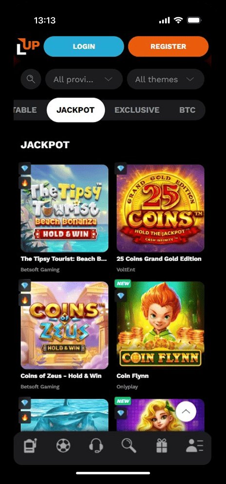 Jackpot category at LevelUp Casino — Tipsy Tourist, 25 Coins, Coin Flynn