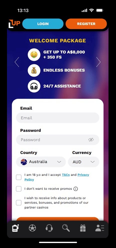 LevelUp Casino mobile welcome package screenshot — A$8,000 + 350 FS