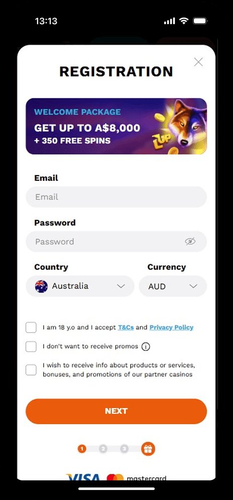 LevelUp Casino mobile registration form — Australia, AUD